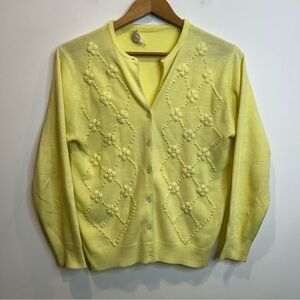 Vintage Eatons Butter Yellow Acrylic Floral Embroidered Cardigan Sweater